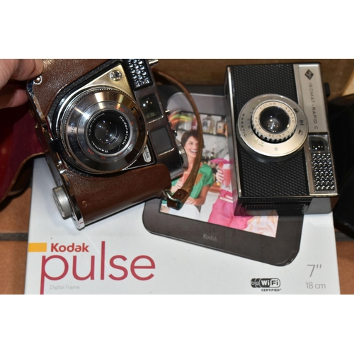 382 - ONE BOX OF VINTAGE CAMERAS, comprising an Isomat- Rapid C camera, an Olympus Om-System lens 1:28 f=2... 