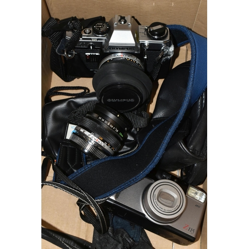 382 - ONE BOX OF VINTAGE CAMERAS, comprising an Isomat- Rapid C camera, an Olympus Om-System lens 1:28 f=2... 