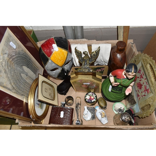 383 - TWO BOXES OF ORNAMENTS AND SUNDRIES, to include a William Shakespeare plaster bust, a Royal Crown De... 