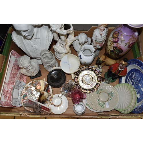 383 - TWO BOXES OF ORNAMENTS AND SUNDRIES, to include a William Shakespeare plaster bust, a Royal Crown De... 