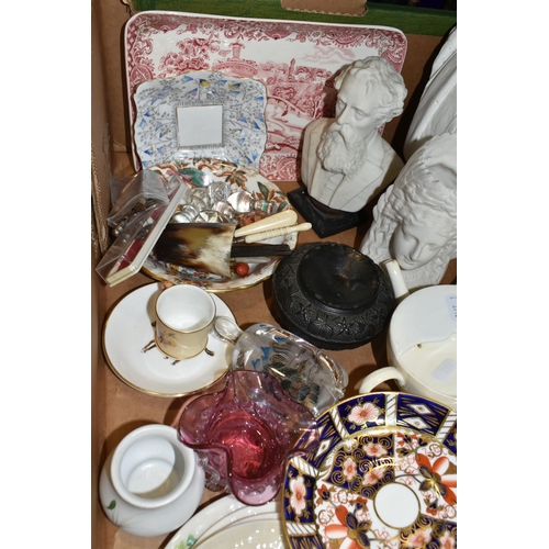383 - TWO BOXES OF ORNAMENTS AND SUNDRIES, to include a William Shakespeare plaster bust, a Royal Crown De... 