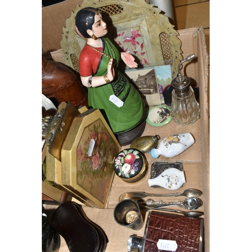 383 - TWO BOXES OF ORNAMENTS AND SUNDRIES, to include a William Shakespeare plaster bust, a Royal Crown De... 