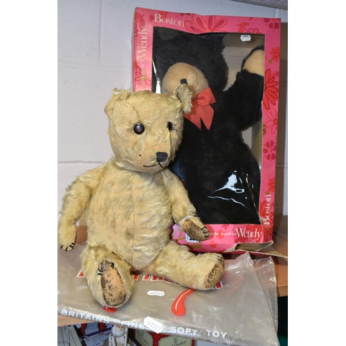 384 - TWO VINTAGE TEDDY BEARS, comprising a boxed Denys Fisher Boston Wendy bear, black plush bear with or... 