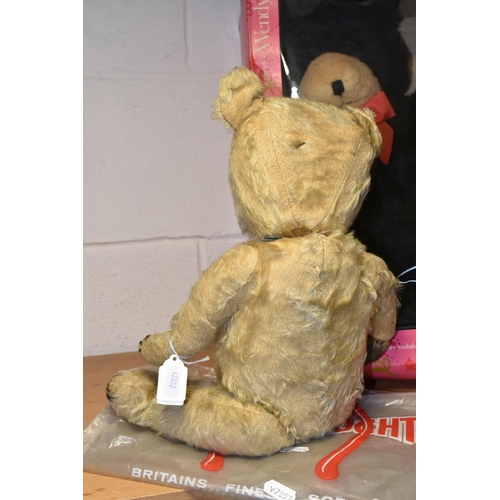 384 - TWO VINTAGE TEDDY BEARS, comprising a boxed Denys Fisher Boston Wendy bear, black plush bear with or... 