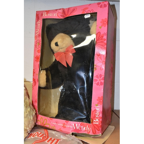 384 - TWO VINTAGE TEDDY BEARS, comprising a boxed Denys Fisher Boston Wendy bear, black plush bear with or... 