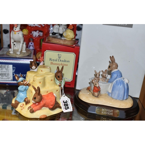 385 - A GROUP  OF ROYAL DOULTON BUNNYKINS AND OLD BEAR FIGURES, comprising 'Sandcastle Money Box' DB228 (b... 
