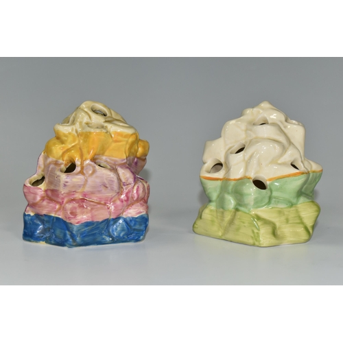 387 - TWO CLARICE CLIFF BIZARRE FLOWER/ROCK FROGS, shape 225 comprising, a blue, pink, purple and yellow b... 