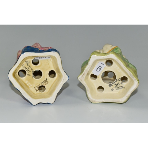 387 - TWO CLARICE CLIFF BIZARRE FLOWER/ROCK FROGS, shape 225 comprising, a blue, pink, purple and yellow b... 