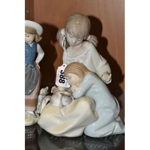 388 - A GROUP OF THREE LLADRO AND NAO FIGURES, comprising 1534 'Little Sister',  5221 'Sweetest Scent' des... 