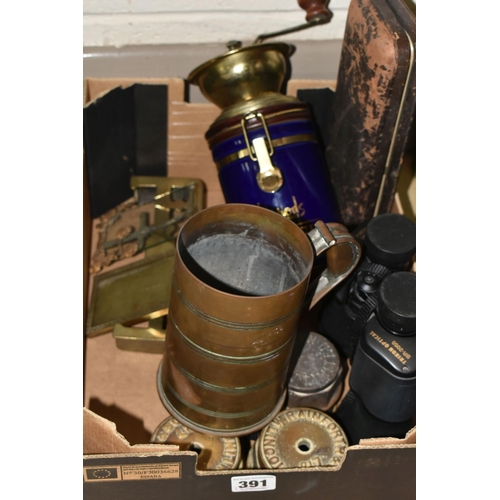 391 - TWO BOXES OF MISCELLANEOUS SUNDRIES, to include a WWII 1941 shell case fashioned into a tankard, a b... 