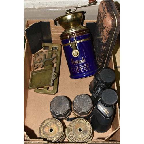 391 - TWO BOXES OF MISCELLANEOUS SUNDRIES, to include a WWII 1941 shell case fashioned into a tankard, a b... 