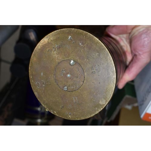 391 - TWO BOXES OF MISCELLANEOUS SUNDRIES, to include a WWII 1941 shell case fashioned into a tankard, a b... 