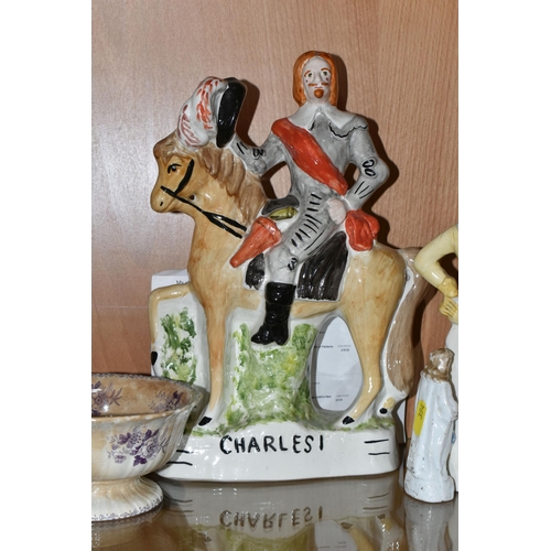 394 - A GROUP OF 19TH AND 20TH CENTURY CERAMICS, MOSTLY KING CHARLES I INTEREST, comprising a Victorian 'D... 