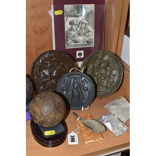398 - TWO CANNON BALLS, A SMALL QUANTITY OF MUSKET BALLS, REPLICA SEALS, ETC, the cast iron cannon balls a... 