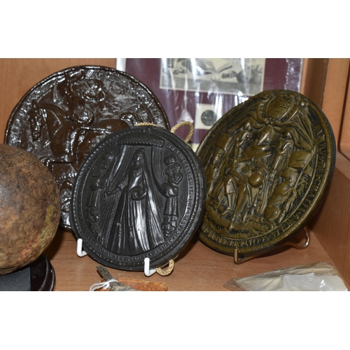 398 - TWO CANNON BALLS, A SMALL QUANTITY OF MUSKET BALLS, REPLICA SEALS, ETC, the cast iron cannon balls a... 