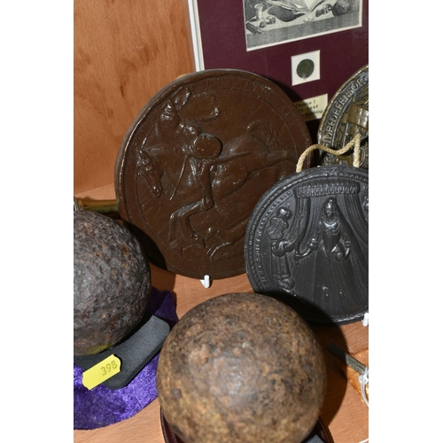 398 - TWO CANNON BALLS, A SMALL QUANTITY OF MUSKET BALLS, REPLICA SEALS, ETC, the cast iron cannon balls a... 