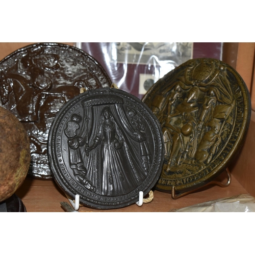 398 - TWO CANNON BALLS, A SMALL QUANTITY OF MUSKET BALLS, REPLICA SEALS, ETC, the cast iron cannon balls a... 