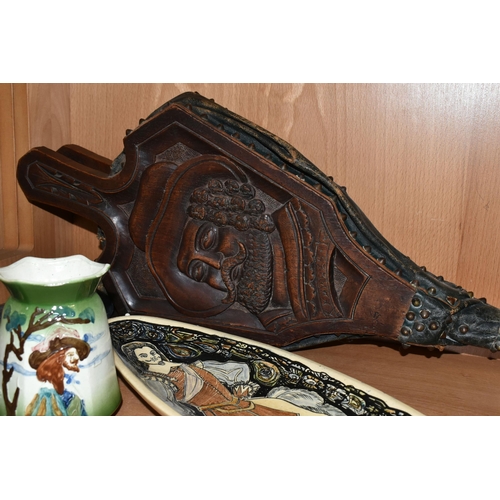 399 - A SET OF LATE VICTORIAN WALNUT, BRASS AND LEATHER BELLOWS CARVED WITH PORTRAIT OF CHARLES I, length ... 
