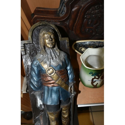 399 - A SET OF LATE VICTORIAN WALNUT, BRASS AND LEATHER BELLOWS CARVED WITH PORTRAIT OF CHARLES I, length ... 