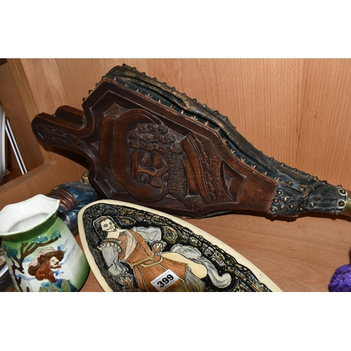 399 - A SET OF LATE VICTORIAN WALNUT, BRASS AND LEATHER BELLOWS CARVED WITH PORTRAIT OF CHARLES I, length ... 