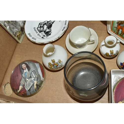 400 - A BOX OF 20TH CENTURY CHARLES I COMMEMORATIVE CERAMICS AND GLASS, TOGETHER WITH A VICTORIAN BRASS BO... 
