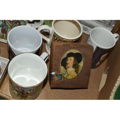 400 - A BOX OF 20TH CENTURY CHARLES I COMMEMORATIVE CERAMICS AND GLASS, TOGETHER WITH A VICTORIAN BRASS BO... 
