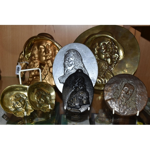 401 - SIX CAST METAL WALL PLAQUE PORTRAITS OF KING CHARLES I AND ANOTHER EXAMPLE IN RESIN, including a gil... 