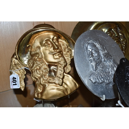 401 - SIX CAST METAL WALL PLAQUE PORTRAITS OF KING CHARLES I AND ANOTHER EXAMPLE IN RESIN, including a gil... 