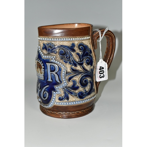 403 - A DOULTON LAMBETH COMMEMORATIVE JUG FOR CHARLES I, incised and relief faux leather and foliate decor... 