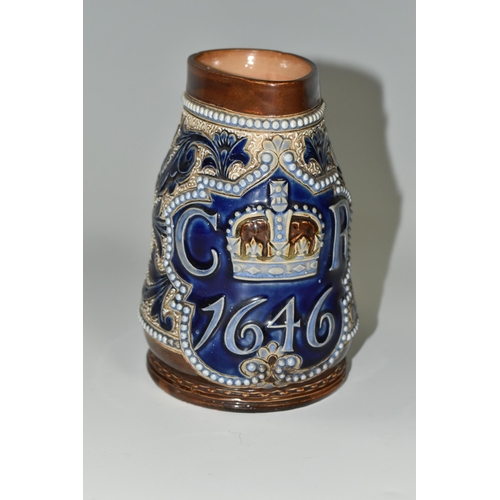403 - A DOULTON LAMBETH COMMEMORATIVE JUG FOR CHARLES I, incised and relief faux leather and foliate decor... 