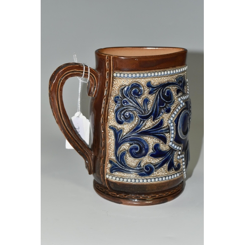 403 - A DOULTON LAMBETH COMMEMORATIVE JUG FOR CHARLES I, incised and relief faux leather and foliate decor... 