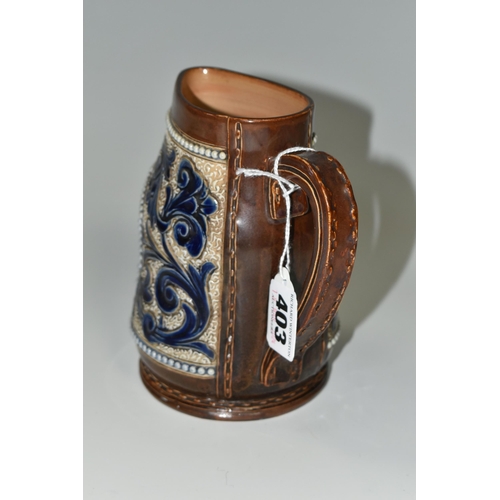 403 - A DOULTON LAMBETH COMMEMORATIVE JUG FOR CHARLES I, incised and relief faux leather and foliate decor... 