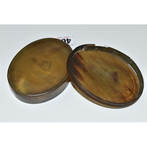 404 - A 19TH CENTURY OVAL HORN SNUFF BOX, THE PULL OFF COVER WITH SIDE PROFILE PORTRAIT OF KING CHARLES I,... 