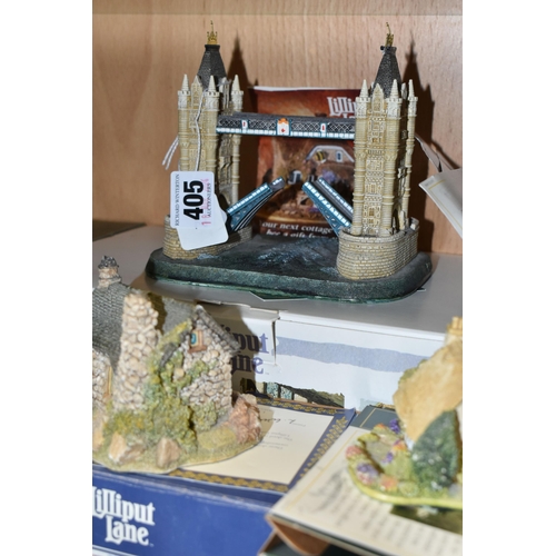 405 - A COLLECTION OF TWENTY TWO LILLIPUT LANE SCULPTURES, comprising Britain's Heritage Tower Bridge L221... 