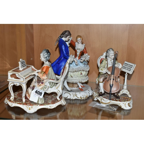 408 - A GROUP OF TWO DRESDEN PORCELAIN FIGURINES AND ONE OTHER, comprising a pair of Kunst -Dresden Art Ba... 