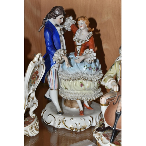 408 - A GROUP OF TWO DRESDEN PORCELAIN FIGURINES AND ONE OTHER, comprising a pair of Kunst -Dresden Art Ba... 