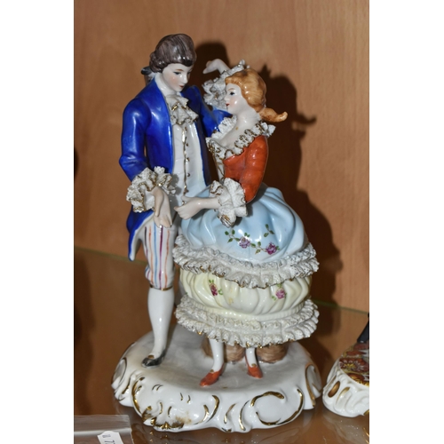 408 - A GROUP OF TWO DRESDEN PORCELAIN FIGURINES AND ONE OTHER, comprising a pair of Kunst -Dresden Art Ba... 