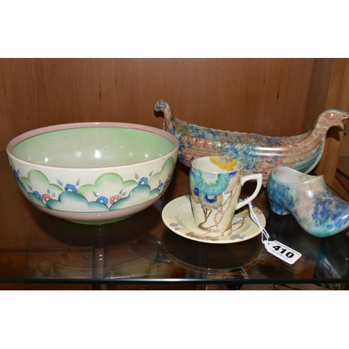410 - A  GROUP OF CLARICE CLIFF AND SHORTER & SONS POTTERY, comprising a 'Clouds' design bowl, pink and gr... 
