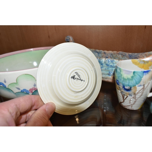 410 - A  GROUP OF CLARICE CLIFF AND SHORTER & SONS POTTERY, comprising a 'Clouds' design bowl, pink and gr... 
