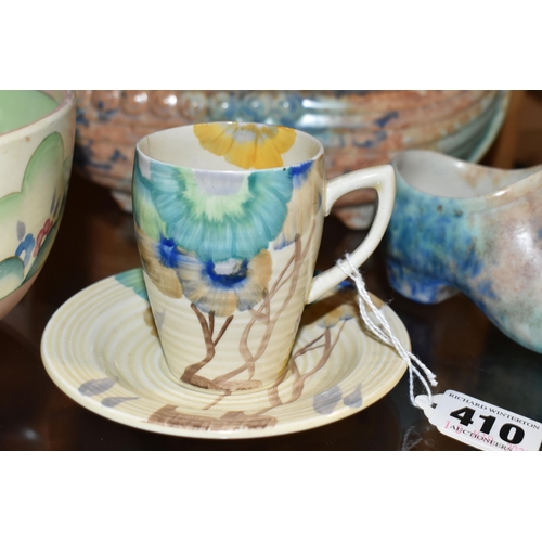 410 - A  GROUP OF CLARICE CLIFF AND SHORTER & SONS POTTERY, comprising a 'Clouds' design bowl, pink and gr... 