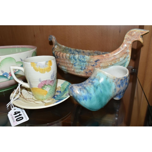 410 - A  GROUP OF CLARICE CLIFF AND SHORTER & SONS POTTERY, comprising a 'Clouds' design bowl, pink and gr... 