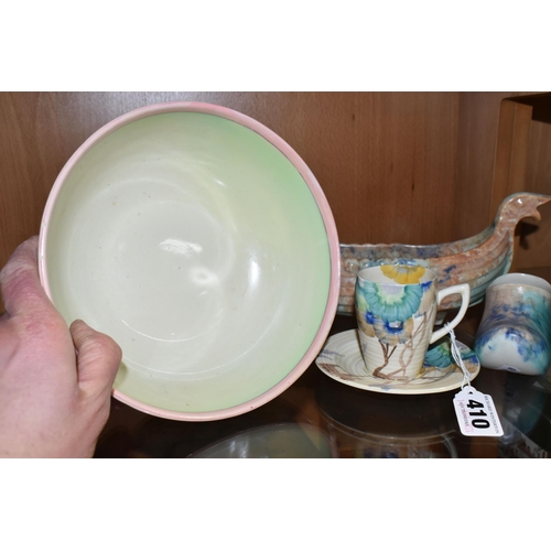 410 - A  GROUP OF CLARICE CLIFF AND SHORTER & SONS POTTERY, comprising a 'Clouds' design bowl, pink and gr... 