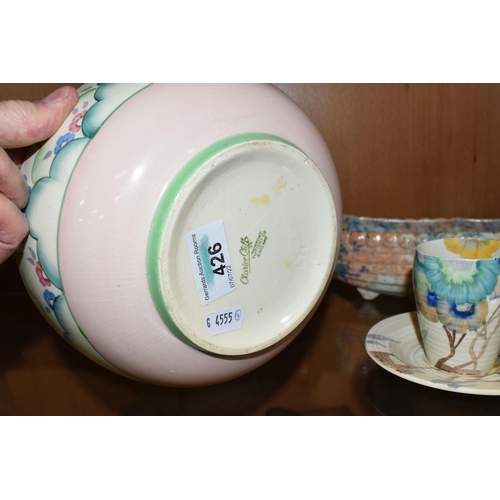 410 - A  GROUP OF CLARICE CLIFF AND SHORTER & SONS POTTERY, comprising a 'Clouds' design bowl, pink and gr... 