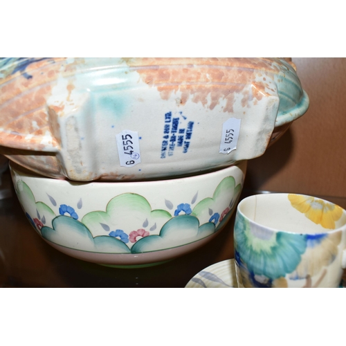 410 - A  GROUP OF CLARICE CLIFF AND SHORTER & SONS POTTERY, comprising a 'Clouds' design bowl, pink and gr... 