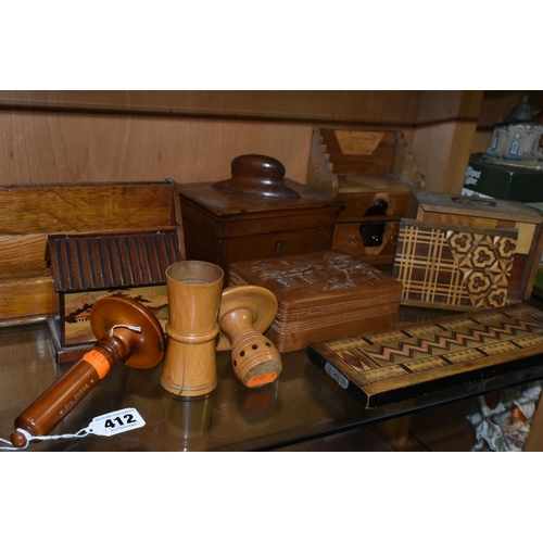 412 - A COLLECTION OF TREEN, comprising two darning mushrooms, a needle case (missing lid and split), an o... 