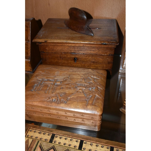 412 - A COLLECTION OF TREEN, comprising two darning mushrooms, a needle case (missing lid and split), an o... 