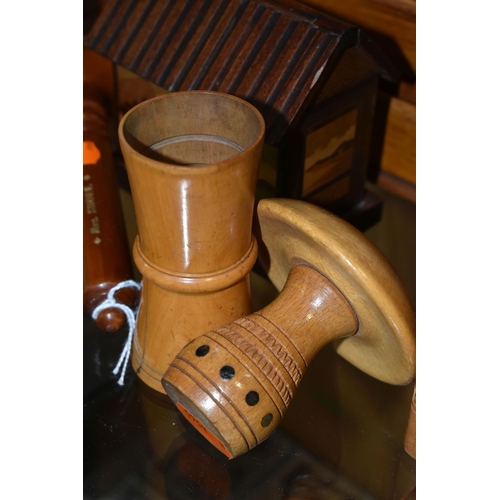 412 - A COLLECTION OF TREEN, comprising two darning mushrooms, a needle case (missing lid and split), an o... 