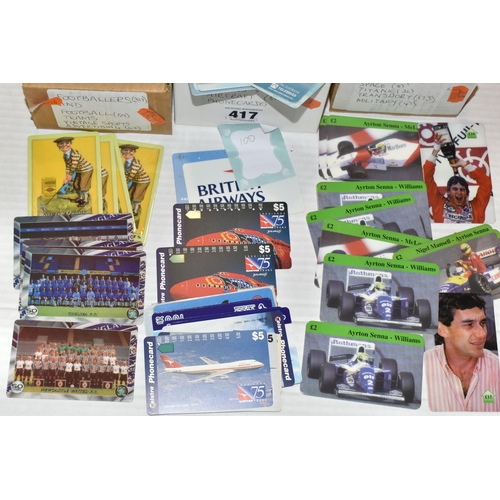 417 - THREE BOXES OF PREPAID PHONECARDS, themes and designs comprising, Vintage sports advertising, Footba... 