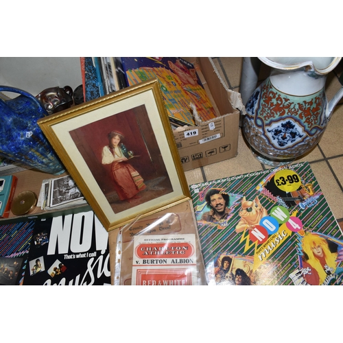 419 - TWO BOXES OF LP RECORDS AND SUNDRIES, to include Now That's What I Call Music L.Ps comprising Now 2,... 