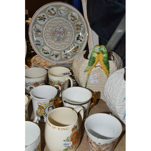 422 - A GROUP OF CERAMICS, to include two Price Kensington budgerigar vases, an S Fielding & Co beaker pri... 